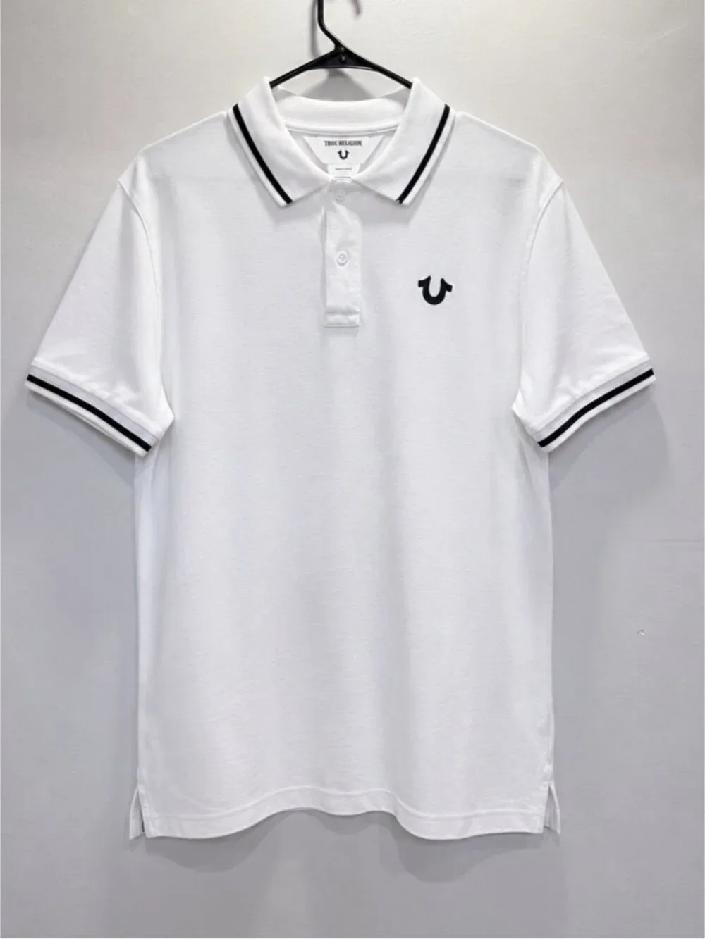 True Religion White Polo Shirt XL/TG Black Trim Logo Graphic Back